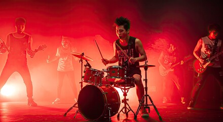 Obraz premium Energetic Rock Band Performance Under Red Stage Lighting