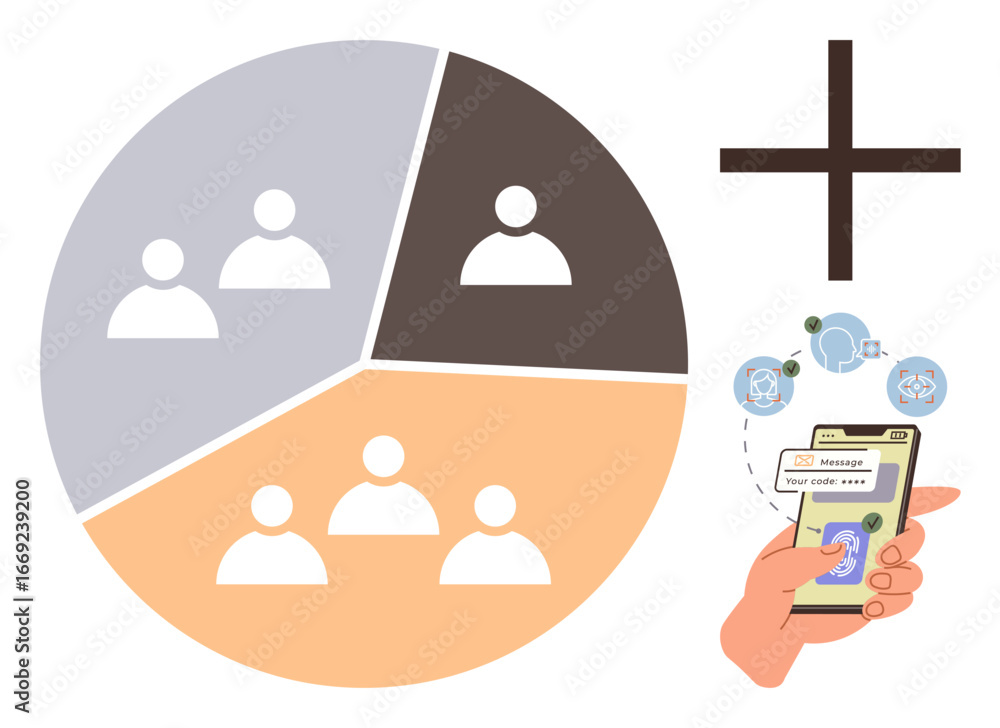 Poster hand holding smartphone sending secure code, pie chart with groups, network communication, collabora