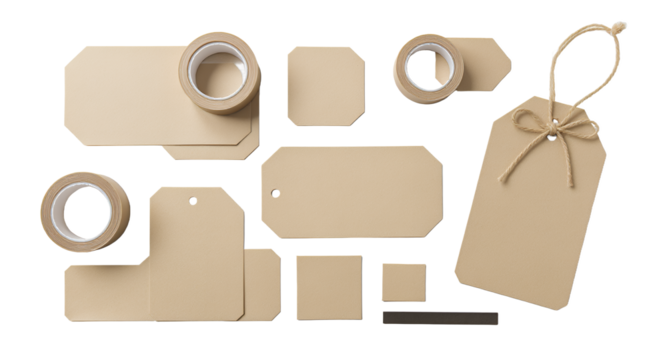 Kraft Paper Gift Tags and Adhesive Tape on a White Surface