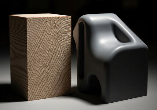 A raw wood block placed next to a molded plastic piece, lit to highlight differences in grain and finish.