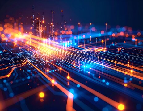 Abstract digital circuitry, glowing lines and nodes