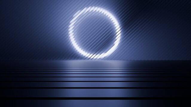 Futuristic neon circle glowing on a dark metallic striped stage. 3D Rendering