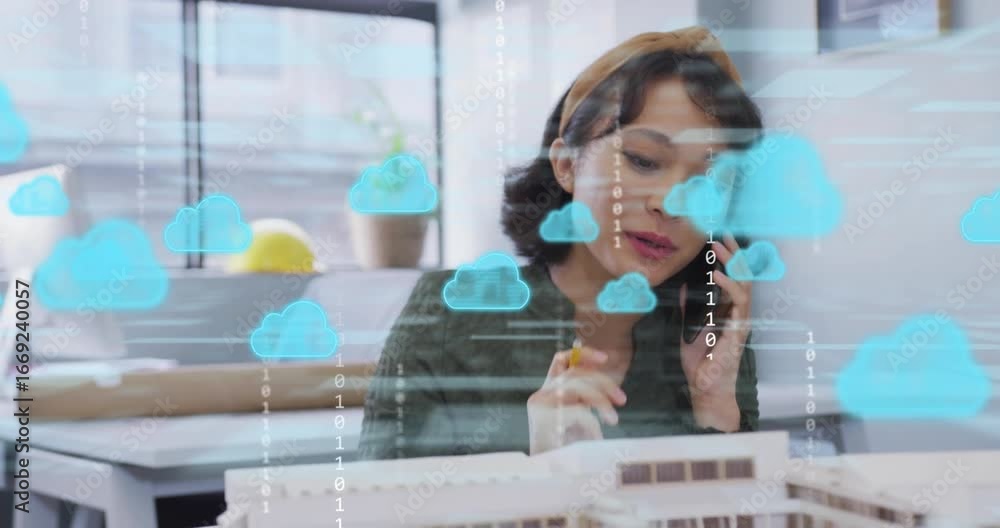 Aufkleber Architect initiating call while overlaying cloud icons and binary code on model for network mapping