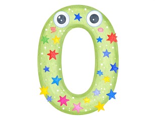 Light green number zero with googly eyes and colorful stars