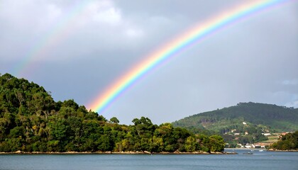 A vibrant rainbow arcs over a serene coastal landscape, its colors vividly displayed against a backdrop of lush green hills and calm water