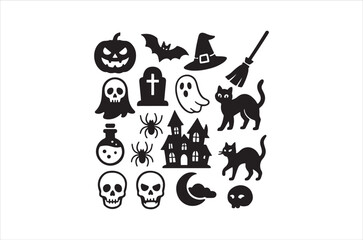 Halloween Silhouette Set – Ghosts, Bats, Pumpkins, Witch Hat and Broomstick Vector Illustration