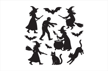 Halloween Silhouette Set – Ghosts, Bats, Pumpkins, Witch Hat and Broomstick Vector Illustration