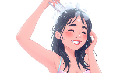 A young woman with long dark hair laughs joyfully while washing her hair under a cascade of water showcasing a cheerful and lively atmosphere