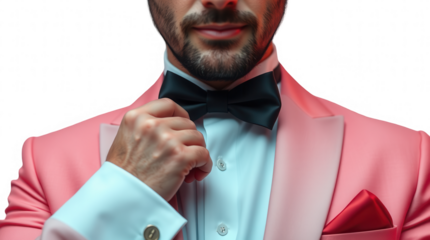 Dressed in a stylish pink tuxedo a man confidently adjusts his black bow tie as he prepares for an elegant evening gathering embodying sophistication