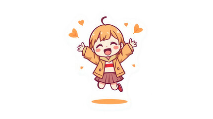 Obraz premium A cheerful cartoon character with blonde hair wearing a jacket and skirt jumps with arms wide open radiating joy and surrounded by playful heart shapes