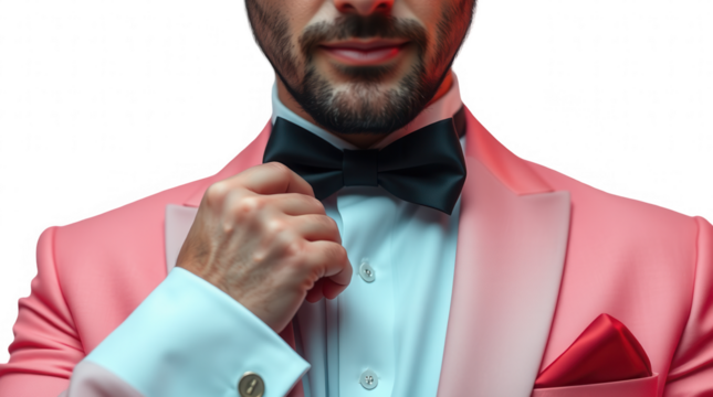 Dressed in a stylish pink tuxedo a man confidently adjusts his black bow tie as he prepares for an elegant evening gathering embodying sophistication - Powered by Adobe