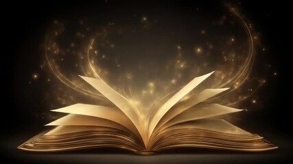 Open book glowing with magical light with fantasy, knowledge, mystery, and black background.