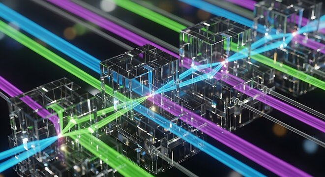 Parallel optical computing with photonic circuits and light beams high speed data processing future technology visualization
