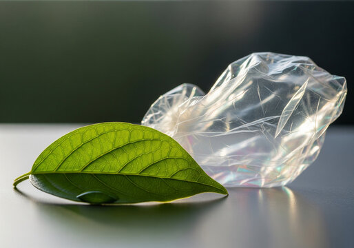 A fresh green leaf placed beside a crumpled plastic wrapper, lit to emphasize contrast in texture and origin.