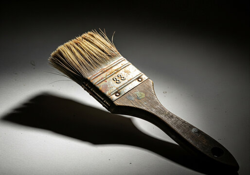 A vintage wooden paintbrush placed diagonally on a plain surface, softly lit to reveal its bristles and aged handle.