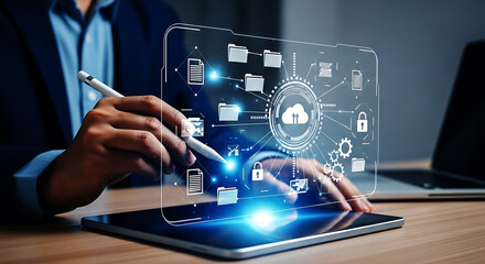 Vector illustration of person using tablet with cloud computing and data storage interface