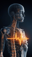 Digital representation of human body with glowing orange heartbeat line across chest, symbolizing integration of AI in healthcare technology