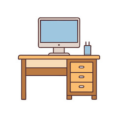 A cartoon image of a desk and computer with drawer storage