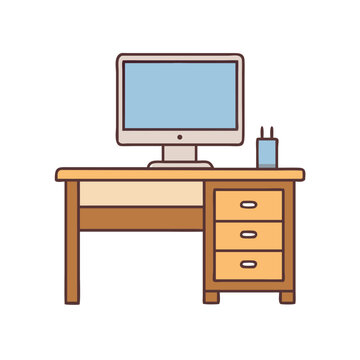 A cartoon image of a desk and computer with drawer storage