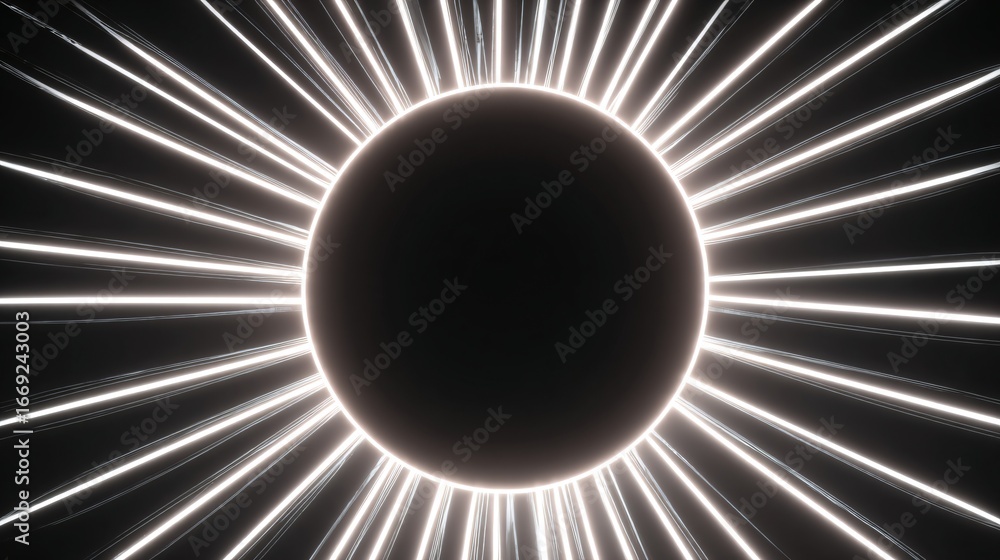 Poster a radiating, centered circle of bright white lines on a dark background creates a compelling visual 