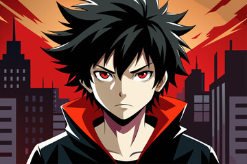 
Minimalist black and white vector illustration of an anime boy silhouette with messy hair and sharp features. Perfect for manga, anime artwork, character design, digital art, graphic design projects,