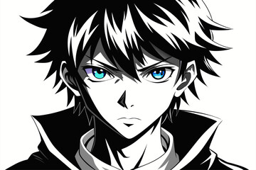 
Minimalist black and white vector illustration of an anime boy silhouette with messy hair and sharp features. Perfect for manga, anime artwork, character design, digital art, graphic design projects,