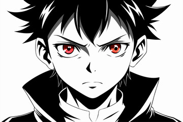 
Minimalist black and white vector illustration of an anime boy silhouette with messy hair and sharp features. Perfect for manga, anime artwork, character design, digital art, graphic design projects,