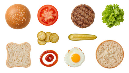 Burger ingredients top view isolated on transparent background for food recipe and cooking concept 