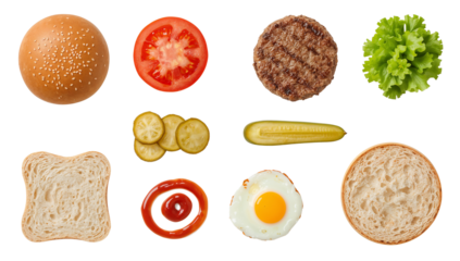 Burger ingredients top view isolated on transparent background for food recipe and cooking concept 