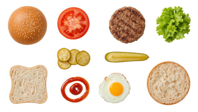 Burger ingredients top view isolated on transparent background for food recipe and cooking concept 