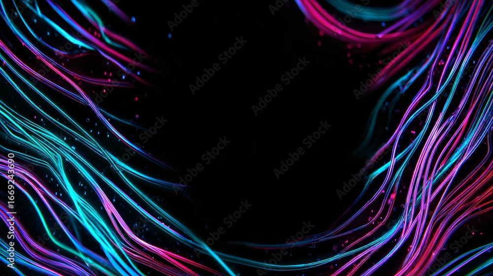 Poster a dynamic abstract design with vibrant neon lines flowing across a black background.