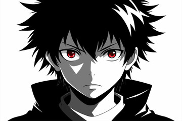 
Minimalist black and white vector illustration of an anime boy silhouette with messy hair and sharp features. Perfect for manga, anime artwork, character design, digital art, graphic design projects,