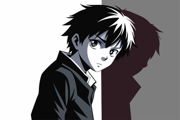 
Minimalist black and white vector illustration of an anime boy silhouette with messy hair and sharp features. Perfect for manga, anime artwork, character design, digital art, graphic design projects,