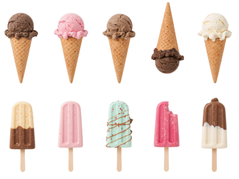 Delicious assortment of colorful ice cream cones and popsicles perfect for summer treats, desserts or showcasing sweet indulgence, enjoyment and fun