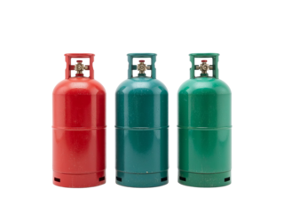Vibrant trio of gas tanks in red, teal, and green perfect for industrial applications and energy solutions, symbolizing fuel and power supplies
