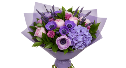 Beautiful bouquet of mixed purple and pink flowers wrapped in lavender paper, perfect for gifts and special occasions