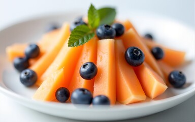 Fresh fruit salad featuring vibrant melon and blueberries on a minimalist plate. High quality