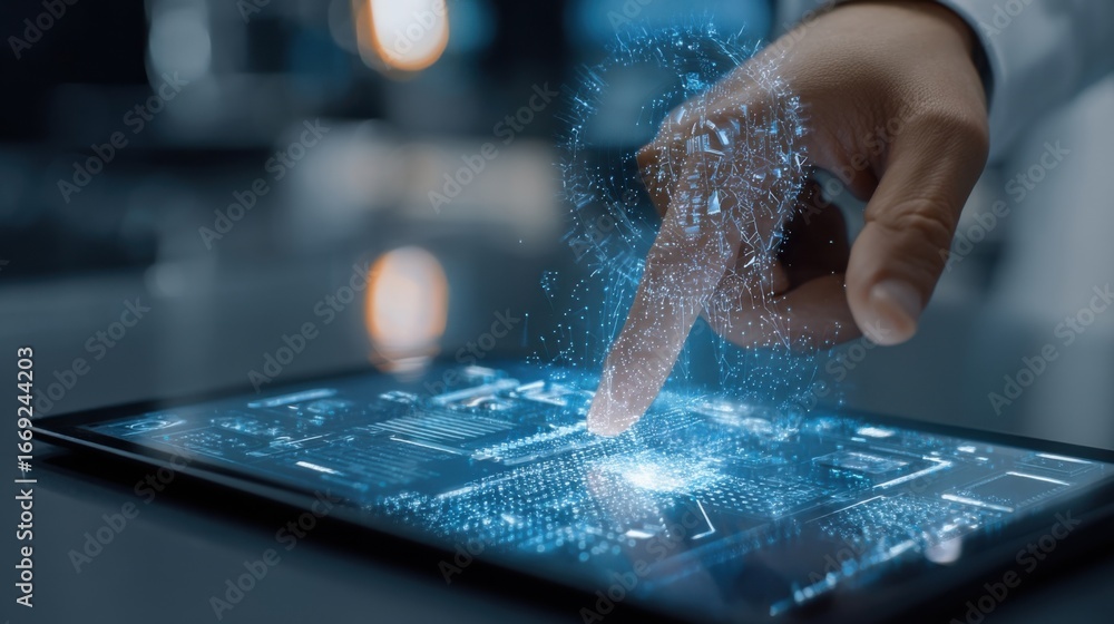 Poster a detailed shot of a hand operating a tablet with a visual overlay of encrypted data flows displayed