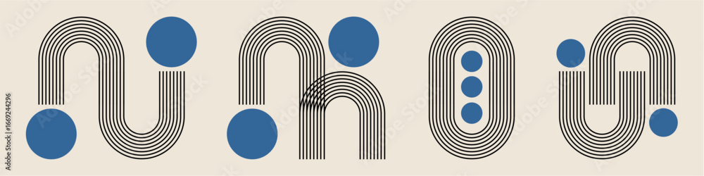 Poster stripe bend line art with round circle abstract minimal element mid century vector for retro aesthet