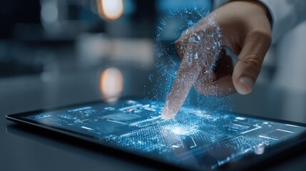 A detailed shot of a hand operating a tablet with a visual overlay of encrypted data flows displayed on the screen signifying secure interactions with realtime process information.