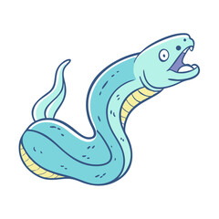 Cartoon eel with mouth open, looking upwards with expression of shock