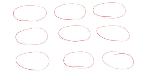 Hand drawn red crayon ovals and circles. Ellipses pencil doodle style set. Red round rough thin frames. Round freehand shapes, emphasis highlights. Vector