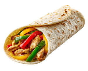 Chicken Fajita with Grilled Chicken, Peppers, and Onions in Flour Tortilla on Transparent Background, PNG