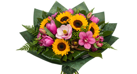 Obraz premium Bright bouquet with sunflowers, pink tulips, and orchids wrapped in green foliage, perfect for floral gifts and special occasions