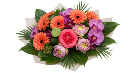Obraz premium Bright colorful flower bouquet with roses, gerbera daisies, orchids, and lotus pods, perfect for gifts and special occasions