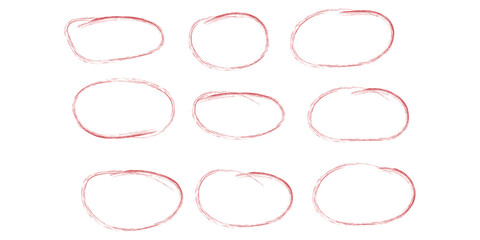 Hand drawn crayon ovals and circles. Ellipses pencil doodle style set. Red round rough thin frames. Round freehand shapes, emphasis highlights. Vector
