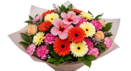 Obraz premium Colorful bouquet of assorted flowers including hibiscus, gerbera daisies, roses, and carnations wrapped in pink paper, perfect for gifts and celebrations