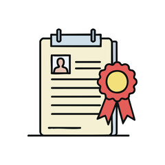 Certificate of Achievement Icon. The image symbolizes accomplishment and validated expertise. It depicts a credential with a profile and text, adorned by a celebratory rosette. Ideal for educational.