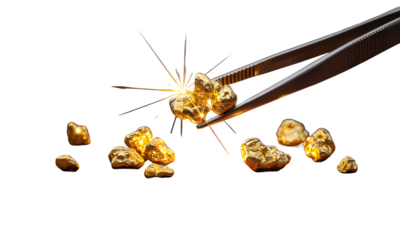 Shining Gold Nuggets Being Held with Tweezers
