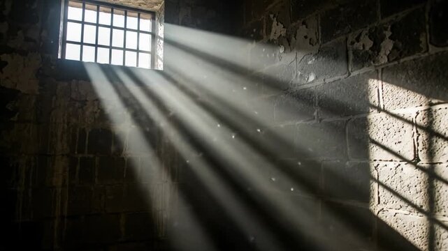 A slow pan out of a days time-lapse of an empty dark jail cell with light rays penetrating a barred window casting a shape on the floor